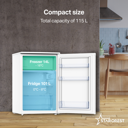 STARCREST Compact Single Door Refrigerator SF-115WHE, Class E, 115 L Capacity, Interior Lighting, H 84.7 cm, White [2]