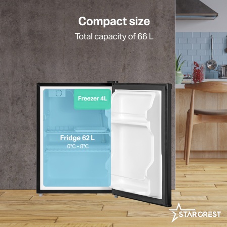 STARCREST Compact Single Door Refrigerator SF-660BLK, Class E, 66 L Capacity, Ice Compartment, H 63 cm, Black [2]
