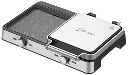 Starcrest Electric Grill SGR-4423, 2100 W, Adjustable Thermostat, Ceramic-Coated Plates (Grill/Smooth), Cooking Surface 44 x 23.5 cm, Cleaning Spatula, Black/Stainless Steel [1]