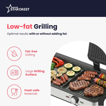 Starcrest Electric Grill SGR-4423, 2100 W, Adjustable Thermostat, Ceramic-Coated Plates (Grill/Smooth), Cooking Surface 44 x 23.5 cm, Cleaning Spatula, Black/Stainless Steel [4]