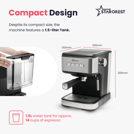 STARCREST Espresso Machine SEM-850SLBK, 850W, 20 Bar, 1.5L Detachable Water Tank, Milk Frother, Double Stainless Steel Filter, Black/Stainless Steel [4]