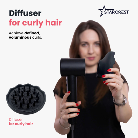 STARCREST Hair Dryer SHD-2BK-DIF, Curly Hair Diffuser, 1600 W, 110.000 RPM, Ionization, 3 Heat Settings, 2 Speed Settings, Cool Shot Button, Black [2]