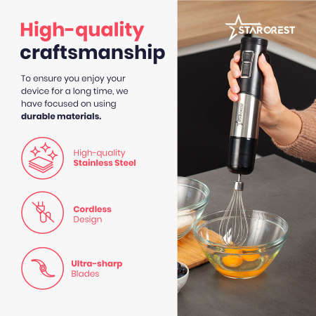 STARCREST Hand Blender SBS-1509PRO, 1200W, Chopper, Whisk, Measuring Cup, 9 Speeds, Turbo, Stainless Steel / Black [6]