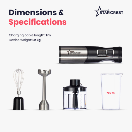 STARCREST Hand Blender SBS-1509PRO, 1200W, Chopper, Whisk, Measuring Cup, 9 Speeds, Turbo, Stainless Steel / Black [7]