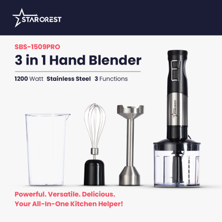 STARCREST Hand Blender SBS-1509PRO, 1200W, Chopper, Whisk, Measuring Cup, 9 Speeds, Turbo, Stainless Steel / Black [1]