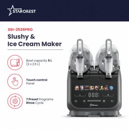 STARCREST IceMix SSI-2536PRO Dual Slushy / Ice Cream Machine, 5 L (2 x 2.5 L), Touch Control Panel, 8 Programs, Grey/Black [1]