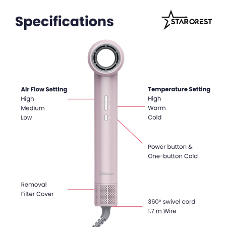STARCREST Professional Hair Dryer SHD-6-1PK, 1300 W, 6 Accessories Included, 3 Speed Settings, 3 Temperature Settings, Cool Shot Button, Pink [8]