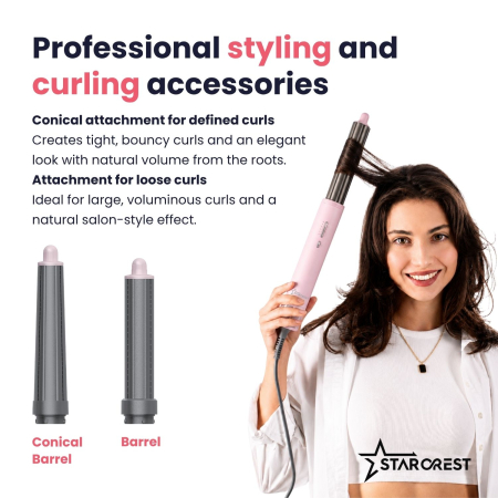 STARCREST Professional Hair Dryer SHD-6-1PK, 1300 W, 6 Accessories Included, 3 Speed Settings, 3 Temperature Settings, Cool Shot Button, Pink [4]