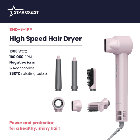 STARCREST Professional Hair Dryer SHD-6-1PK, 1300 W, 6 Accessories Included, 3 Speed Settings, 3 Temperature Settings, Cool Shot Button, Pink [1]