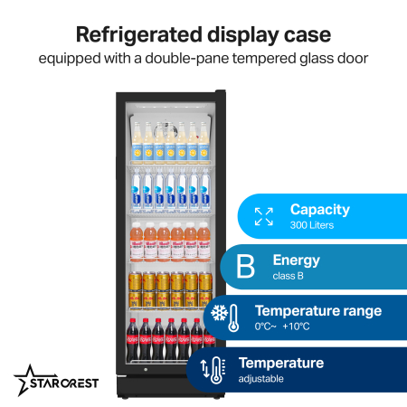 STARCREST Professional Refrigerated Display Case SPS-300BK, 300 L, Adjustable Thermostat, LED Lighting, H 169.5 cm, Black [1]