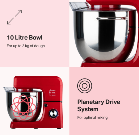 STARCREST Professional Stand Mixer SKM-2002RD, 2000 W, 10 L Stainless Steel Bowl, 5 Accessories, 6 Speeds + Pulse, Metal Gears, Red [1]