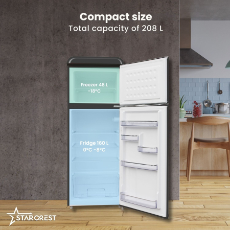 STARCREST retro two-door refrigerator SRF-208BK, 208 L, Energy Class E, Vintage design, LED lighting, Adjustable thermostat, Height 147 cm, Black [2]