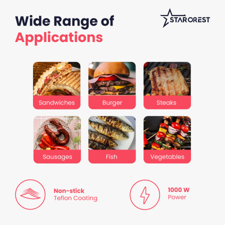 STARCREST Sandwich Maker Grill Panini SGR-2314, 1000 W, Non-stick Plates, 180° Opening, Cooking Surface 23 x 14 cm, Black [2]