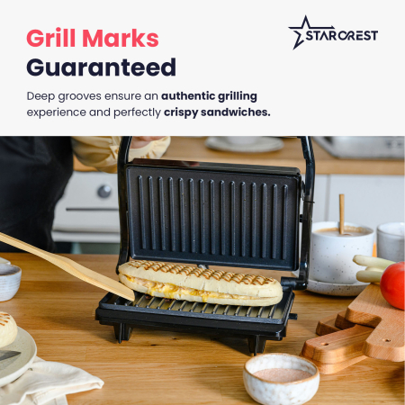 STARCREST Sandwich Maker Grill Panini SGR-2314, 1000 W, Non-stick Plates, 180° Opening, Cooking Surface 23 x 14 cm, Black [4]