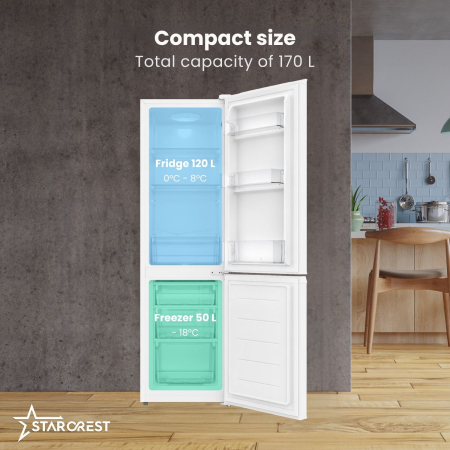 STARCREST SC-170WH-E fridge freezer, 170 L, Energy Class E, Less Frost, Adjustable thermostat, LED lighting, Adjustable feet, Reversible doors, Height 151.8 cm, White [2]
