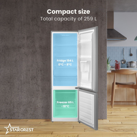 STARCREST SC-259WD-IX refrigerator-freezer, 259 L, Class E, Water Dispenser, Less Frost, Adjustable Thermostat, LED Lighting, Fingerprint-resistant Stainless Steel Finish, Adjustable Feet, Reversible [2]