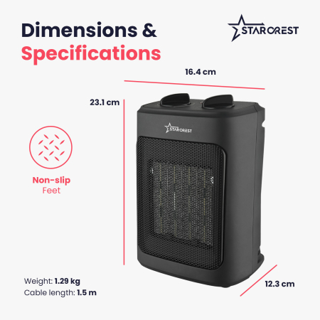 STARCREST SCH-20BK Ceramic Heater, 2000W, Adjustable Thermostat, 3 Speeds, Fan Function, Portable, Tip-Over Safety, Overheat Protection, Black [5]