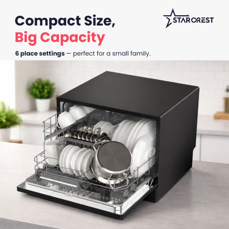 STARCREST SDW-602-BK Dishwasher, 6 Place Settings, 5 Programs, Class D, Black Glass Front Panel, Digital Control Panel, Eco Mode, Flexible Installation, Black [4]