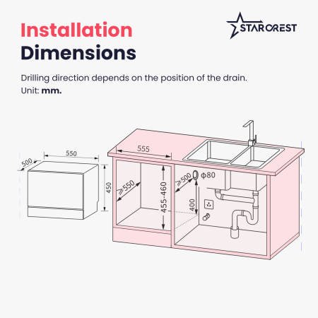 STARCREST SDW-602-BK Dishwasher, 6 Place Settings, 5 Programs, Class D, Black Glass Front Panel, Digital Control Panel, Eco Mode, Flexible Installation, Black [8]