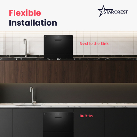 STARCREST SDW-602-BK Dishwasher, 6 Place Settings, 5 Programs, Class D, Black Glass Front Panel, Digital Control Panel, Eco Mode, Flexible Installation, Black [3]