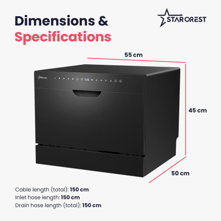STARCREST SDW-602-BK Dishwasher, 6 Place Settings, 5 Programs, Class D, Black Glass Front Panel, Digital Control Panel, Eco Mode, Flexible Installation, Black [7]
