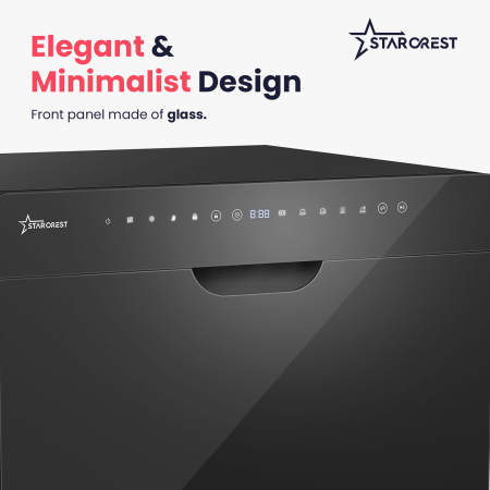 STARCREST SDW-602-BK Dishwasher, 6 Place Settings, 5 Programs, Class D, Black Glass Front Panel, Digital Control Panel, Eco Mode, Flexible Installation, Black [1]