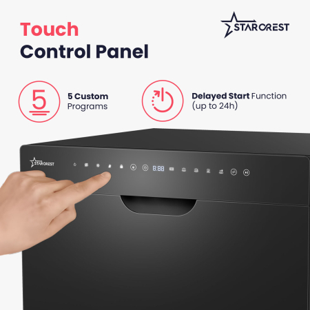 STARCREST SDW-602-BK Dishwasher, 6 Place Settings, 5 Programs, Class D, Black Glass Front Panel, Digital Control Panel, Eco Mode, Flexible Installation, Black [2]