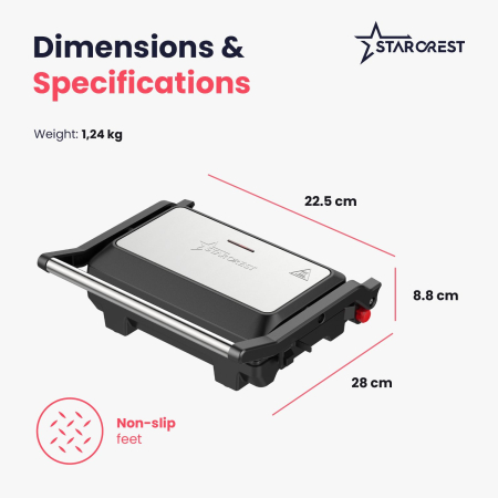 STARCREST SGR-2510 Panini Grill & Sandwich Maker, 1000W, Ceramic Grill Plates, 180° Opening, 23 x 14.5 cm Cooking Surface, Black/Stainless Steel [8]