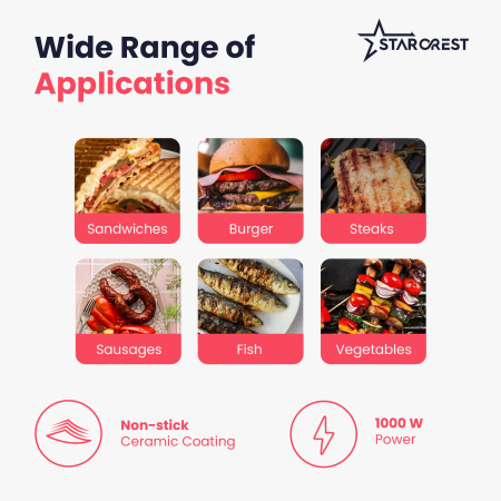 STARCREST SGR-2510 Panini Grill & Sandwich Maker, 1000W, Ceramic Grill Plates, 180° Opening, 23 x 14.5 cm Cooking Surface, Black/Stainless Steel [2]