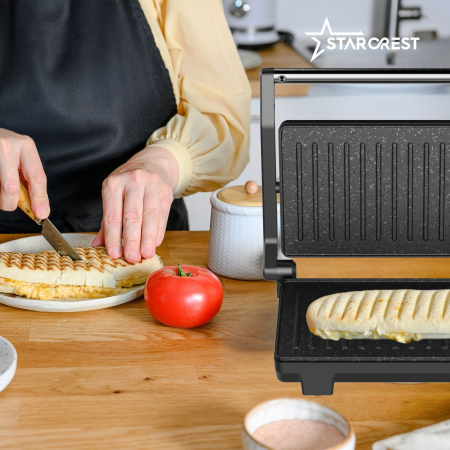 STARCREST SGR-2510 Panini Grill & Sandwich Maker, 1000W, Ceramic Grill Plates, 180° Opening, 23 x 14.5 cm Cooking Surface, Black/Stainless Steel [7]