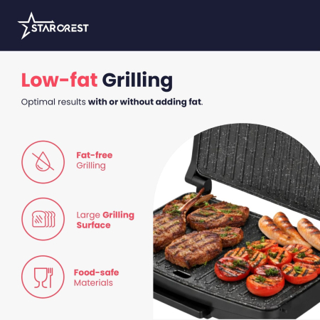 STARCREST SGR-2516BX Sandwich Maker Grill Panini, 1600 W, ceramic-coated grill plates, adjustable temperature, cooking surface 25.5 x 15.5 cm, cleaning spatula, Black/Stainless Steel [3]