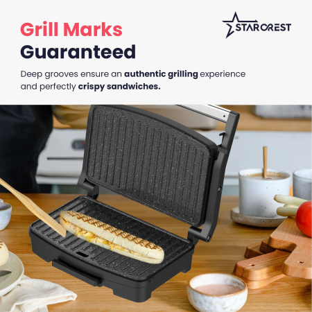 STARCREST SGR-2516BX Sandwich Maker Grill Panini, 1600 W, ceramic-coated grill plates, adjustable temperature, cooking surface 25.5 x 15.5 cm, cleaning spatula, Black/Stainless Steel [4]