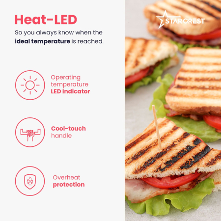 STARCREST SGR-2516BX Sandwich Maker Grill Panini, 1600 W, ceramic-coated grill plates, adjustable temperature, cooking surface 25.5 x 15.5 cm, cleaning spatula, Black/Stainless Steel [6]