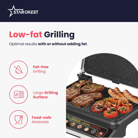 STARCREST SGR-2818CD Electric Grill, 1600 W, Detachable plates with ceramic coating, Digital control, 7 preset cooking modes, 180° opening, Cooking surface 28.8 x 18.4 cm, Cleaning spatula, Black/Stai [3]