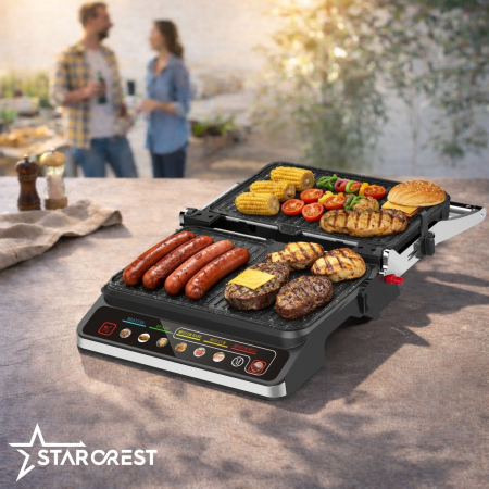 STARCREST SGR-2818CD Electric Grill, 1600 W, Detachable plates with ceramic coating, Digital control, 7 preset cooking modes, 180° opening, Cooking surface 28.8 x 18.4 cm, Cleaning spatula, Black/Stai [7]