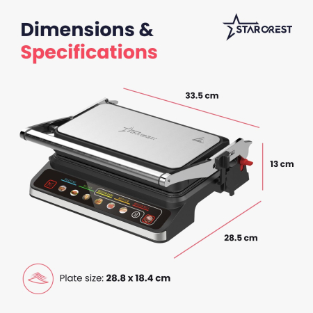 STARCREST SGR-2818CD Electric Grill, 1600 W, Detachable plates with ceramic coating, Digital control, 7 preset cooking modes, 180° opening, Cooking surface 28.8 x 18.4 cm, Cleaning spatula, Black/Stai [8]