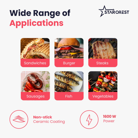 STARCREST SGR-2818CD Electric Grill, 1600 W, Detachable plates with ceramic coating, Digital control, 7 preset cooking modes, 180° opening, Cooking surface 28.8 x 18.4 cm, Cleaning spatula, Black/Stai [2]