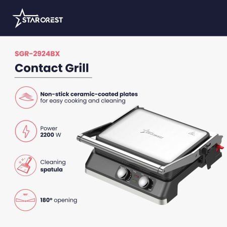 STARCREST SGR-2924BX Electric Grill, 2200 W, ceramic-coated grill plates, adjustable thermostat, timer, 180° opening, cooking surface 29 × 24 cm, cleaning spatula, black/stainless steel [1]