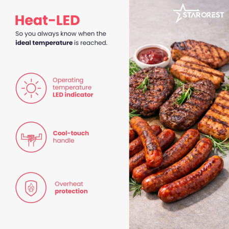 STARCREST SGR-2924BX Electric Grill, 2200 W, ceramic-coated grill plates, adjustable thermostat, timer, 180° opening, cooking surface 29 × 24 cm, cleaning spatula, black/stainless steel [6]