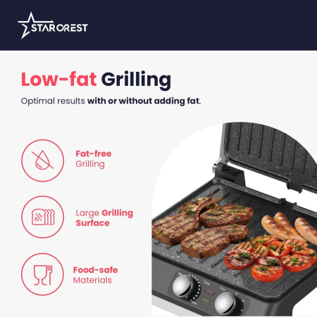 STARCREST SGR-2924BX Electric Grill, 2200 W, ceramic-coated grill plates, adjustable thermostat, timer, 180° opening, cooking surface 29 × 24 cm, cleaning spatula, black/stainless steel [3]
