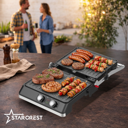 STARCREST SGR-2924BX Electric Grill, 2200 W, ceramic-coated grill plates, adjustable thermostat, timer, 180° opening, cooking surface 29 × 24 cm, cleaning spatula, black/stainless steel [7]