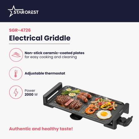 STARCREST SGR-4726 Electric Grill, 2000 W, Adjustable thermostat, Grill/flat ceramic-coated plate, Cooking surface 47 x 26.5 cm, Black/Stainless steel [2]