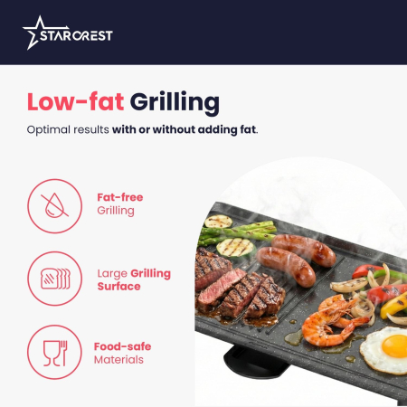 STARCREST SGR-4726 Electric Grill, 2000 W, Adjustable thermostat, Grill/flat ceramic-coated plate, Cooking surface 47 x 26.5 cm, Black/Stainless steel [4]
