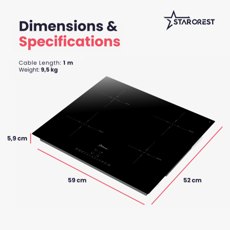 STARCREST SIH-6262 Built-in Induction Hob, 4 Cooking Zones, Slider Touch Control, Booster, Keep Warm Function, Timer, Black Kanger Glass [8]
