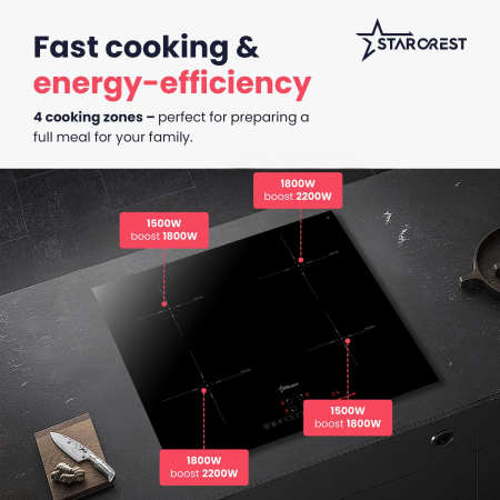 STARCREST SIH-6262 Built-in Induction Hob, 4 Cooking Zones, Slider Touch Control, Booster, Keep Warm Function, Timer, Black Kanger Glass [2]