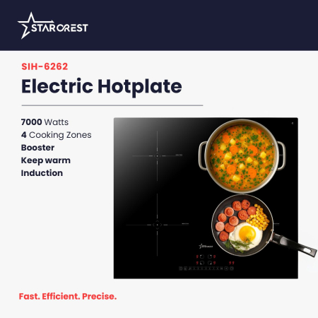 STARCREST SIH-6262 Built-in Induction Hob, 4 Cooking Zones, Slider Touch Control, Booster, Keep Warm Function, Timer, Black Kanger Glass [1]