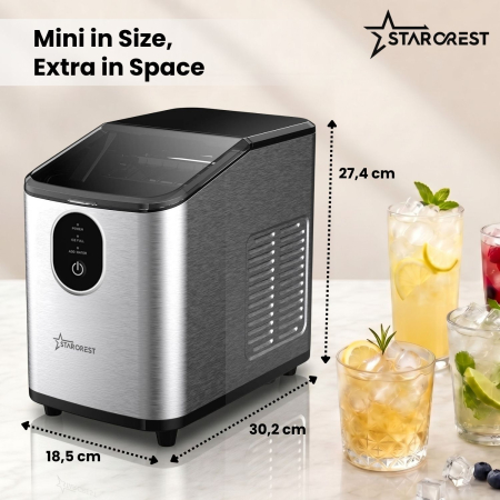 STARCREST SIM-1125IX Ice Cube Maker, 11–12 kg/24h Capacity, Removable Ice Basket, 0.8 L Water Tank, Stainless Steel [5]