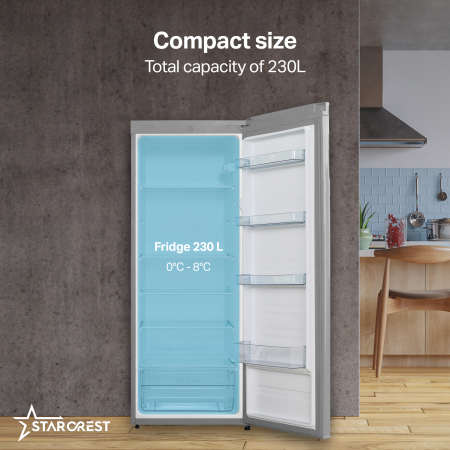 STARCREST Single Door Refrigerator SFL-230IXE, 230 L, Energy Class E, Adjustable Thermostat, Adjustable Shelves, Height 142 cm, Stainless Steel [2]