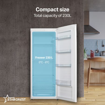 STARCREST Single Door Refrigerator SFL-230WHE, 230 L, Energy Class E, Adjustable Thermostat, Adjustable Shelves, Height 142 cm [2]