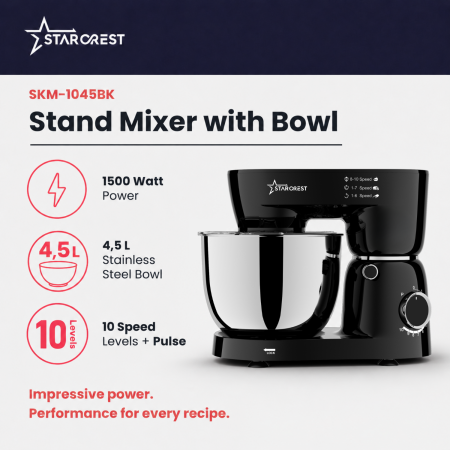 STARCREST SKM-1045BK Stand Mixer, 1500 W, 4.5 L Stainless Steel Bowl, 4 Accessories, 10 Speeds + Pulse, Black [1]